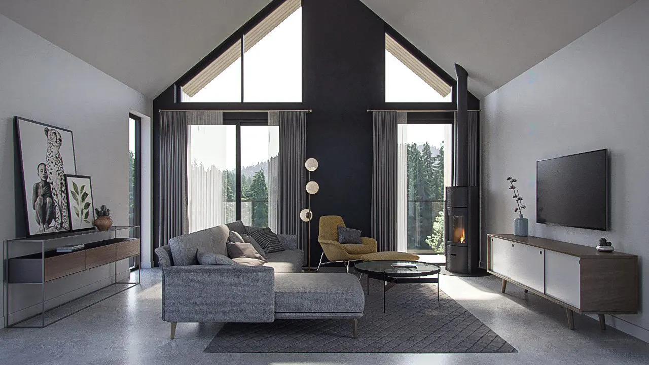 A modern living room with a gray sofa, yellow chair, and black fireplace. Large windows offer a view of a forest.
