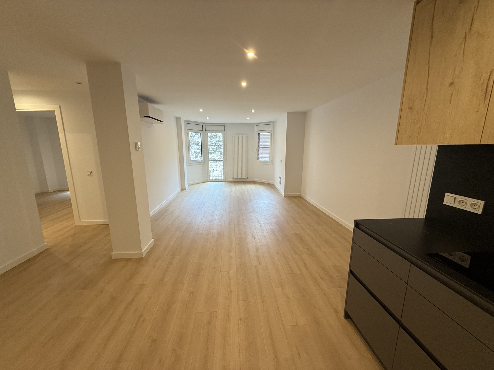 Modern open-plan living area with light wood floors, white walls, recessed lighting, and a sleek dark kitchen corner.