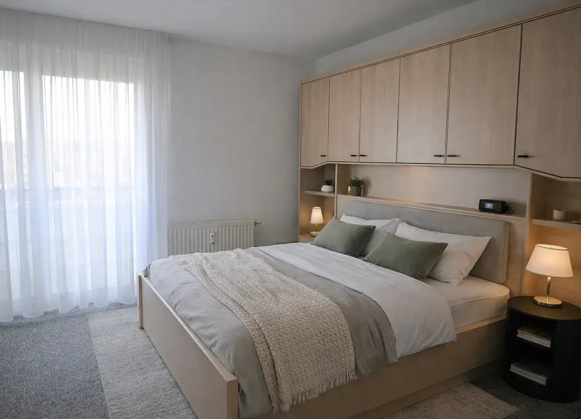 Bedroom with a light wood bed frame, built-in cabinets, and a large window with sheer white curtains. Pillows and a throw blanket adorn the bed.