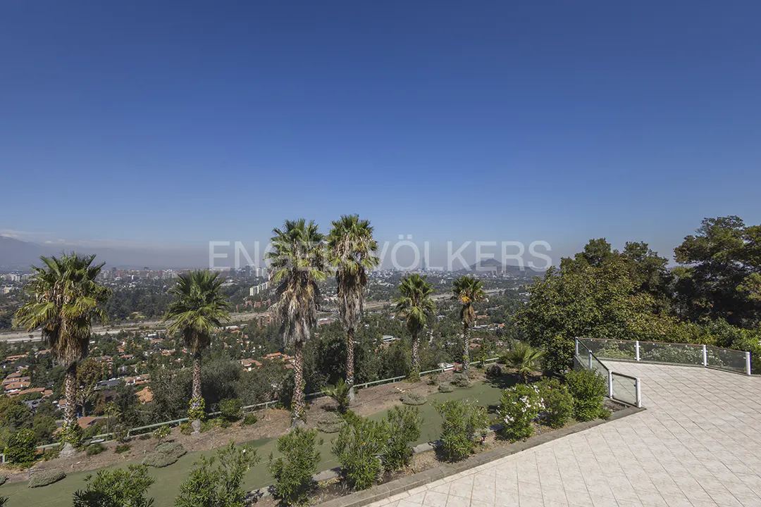 View from a patio with palm trees overlooking a city skyline under a clear blue sky.