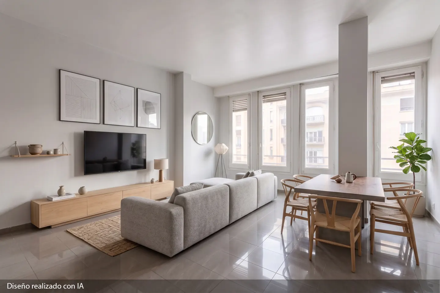 Bright living room with gray tile floors, a long gray sofa, a wooden table with chairs, and large windows.