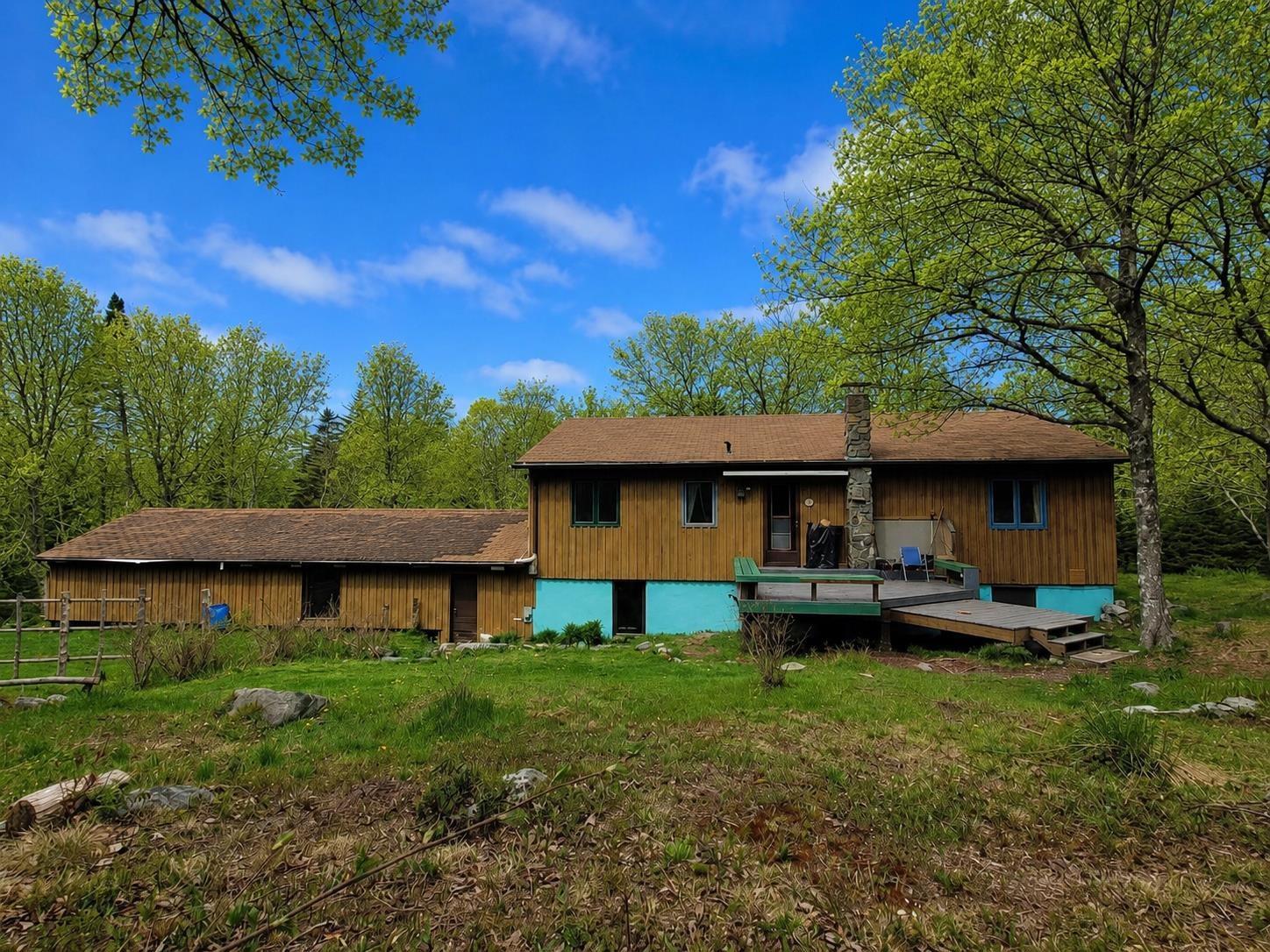 Single-story wooden house with a turquoise foundation, stone chimney, and deck, surrounded by lush trees under a blue sky.