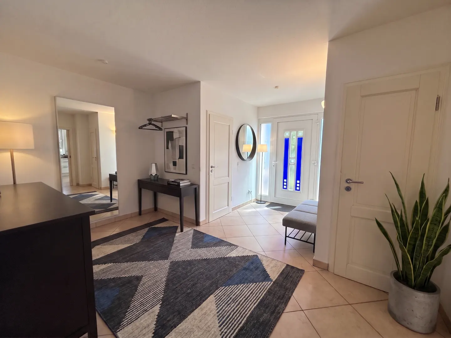 A bright foyer with a geometric rug, console table, mirror, and a white door with blue glass panels. A potted snake plant adds a touch of greenery.