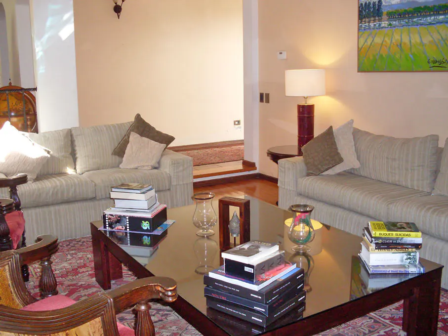 Living room with two sofas, a glass-topped coffee table with books, and a red patterned rug. A painting hangs on the wall.