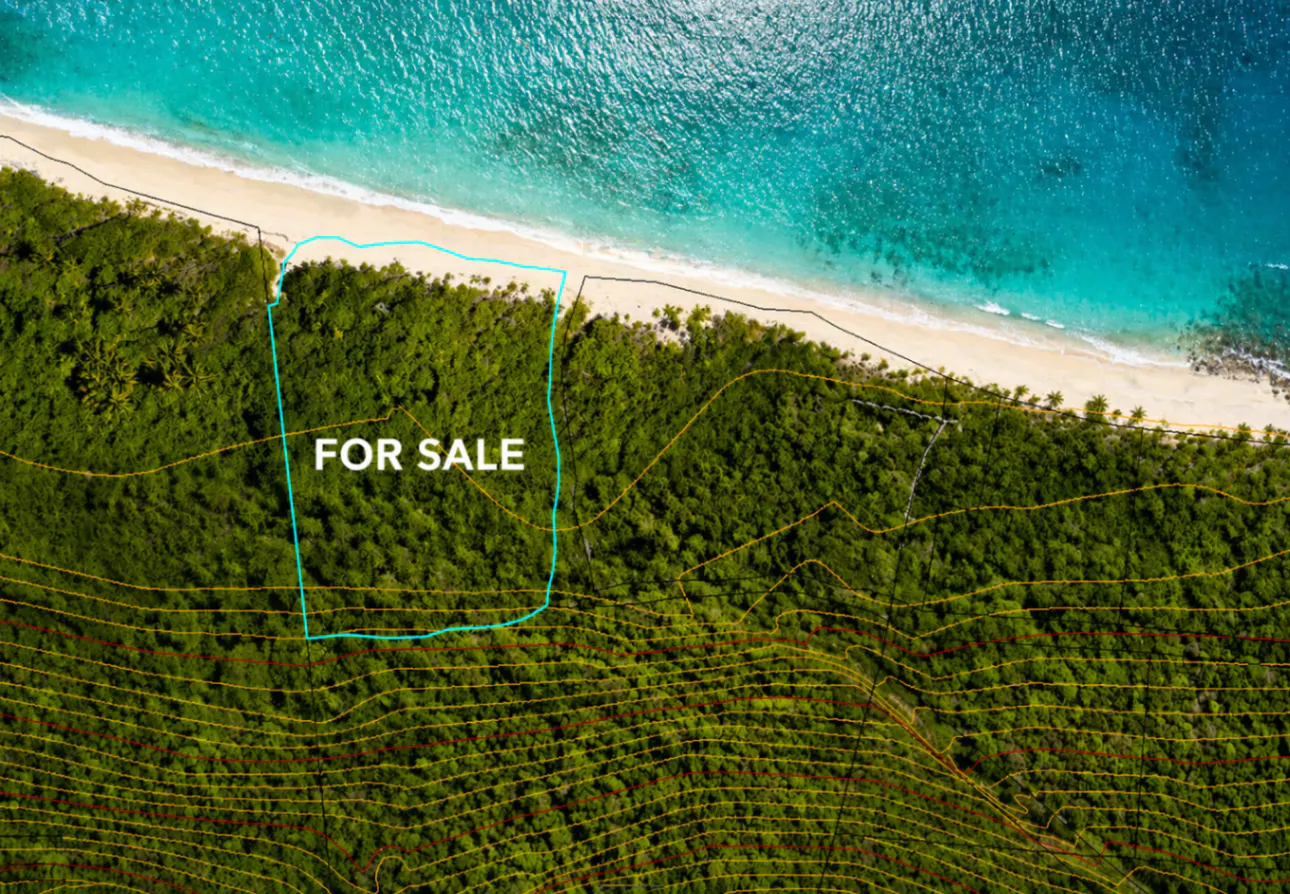 Aerial view of a "For Sale" property outlined in blue, bordering a sandy beach and turquoise ocean. Lush green vegetation covers the land.