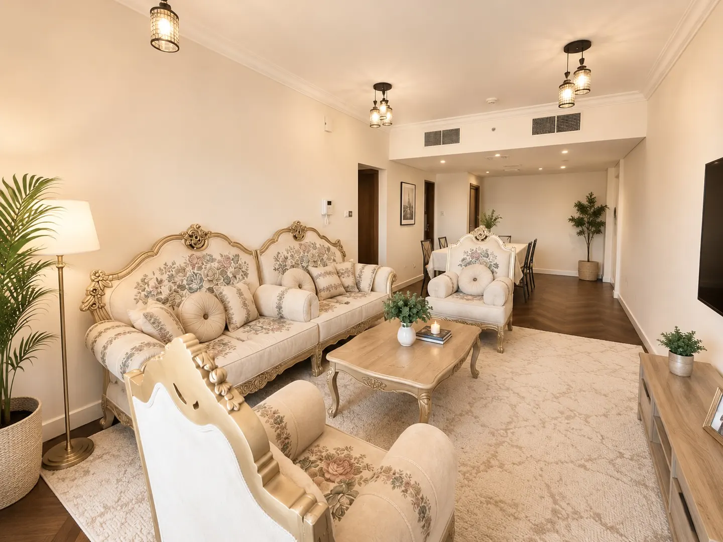 Living room with floral sofa, armchair, and wood coffee table on a patterned rug. Dining area visible in the background.