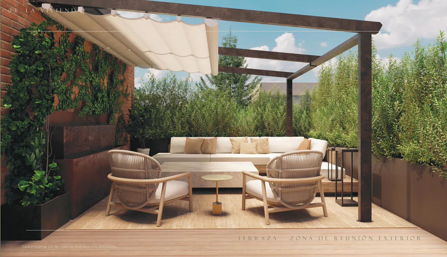 Outdoor patio with a pergola, sofa, and two chairs. Green plants and a brick wall are in the background.