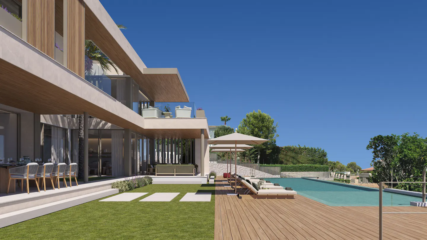 Luxury home exterior with a pool, lawn, and patio. Lounge chairs and umbrellas sit on a wooden deck next to the pool.