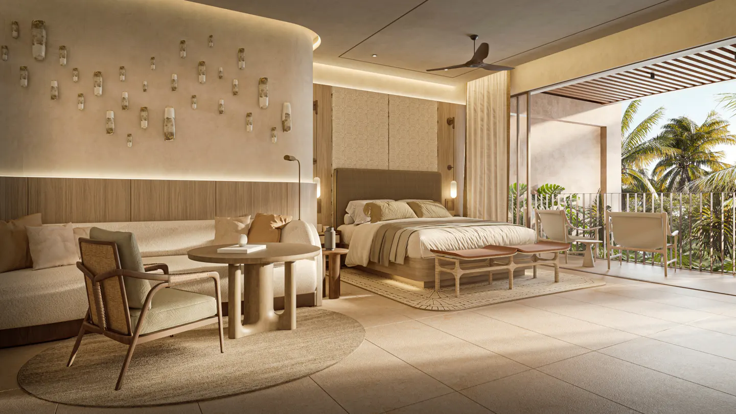 Luxury hotel suite with a neutral color palette, featuring a bed, seating area, and a balcony overlooking palm trees.