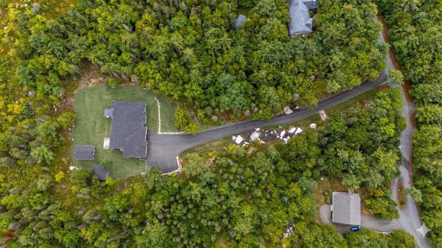 Aerial view of a house with a dark roof surrounded by green trees and a paved driveway.