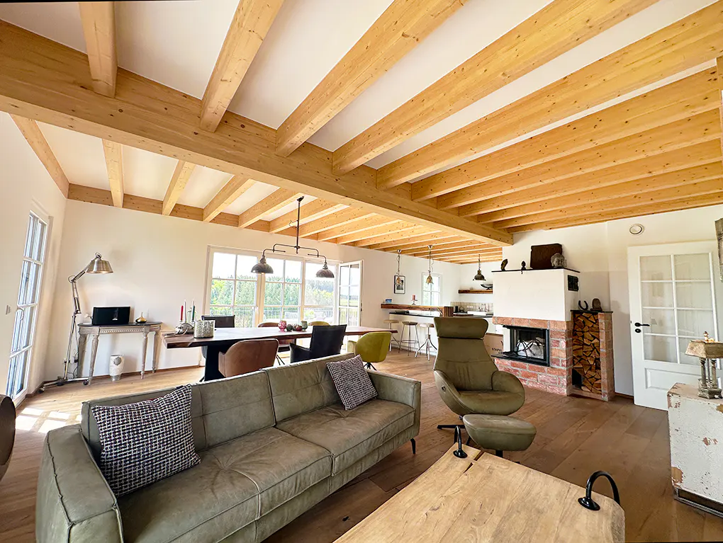 Open-concept living space with exposed wood beams, a green sofa, dining table, fireplace, and hardwood floors.