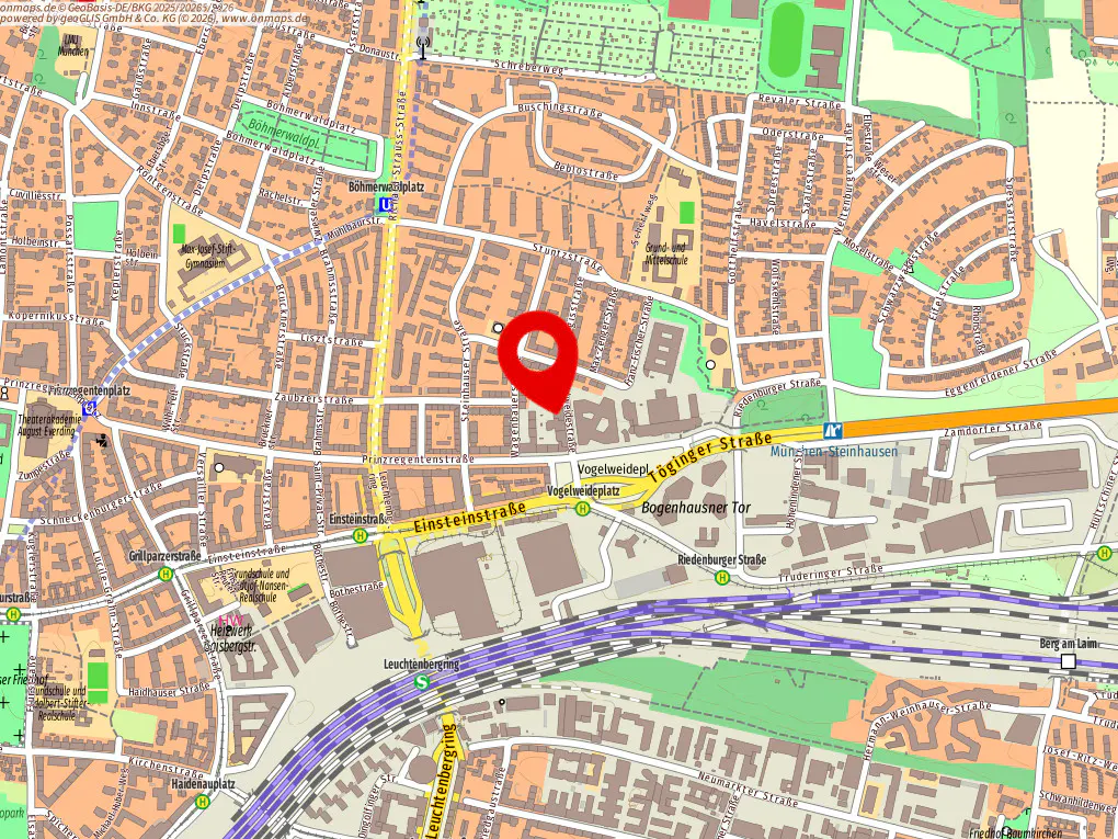 Map view of Munich, Germany, with a red pin marking a location near Prinzregentenstrasse and Einsteinstrasse.