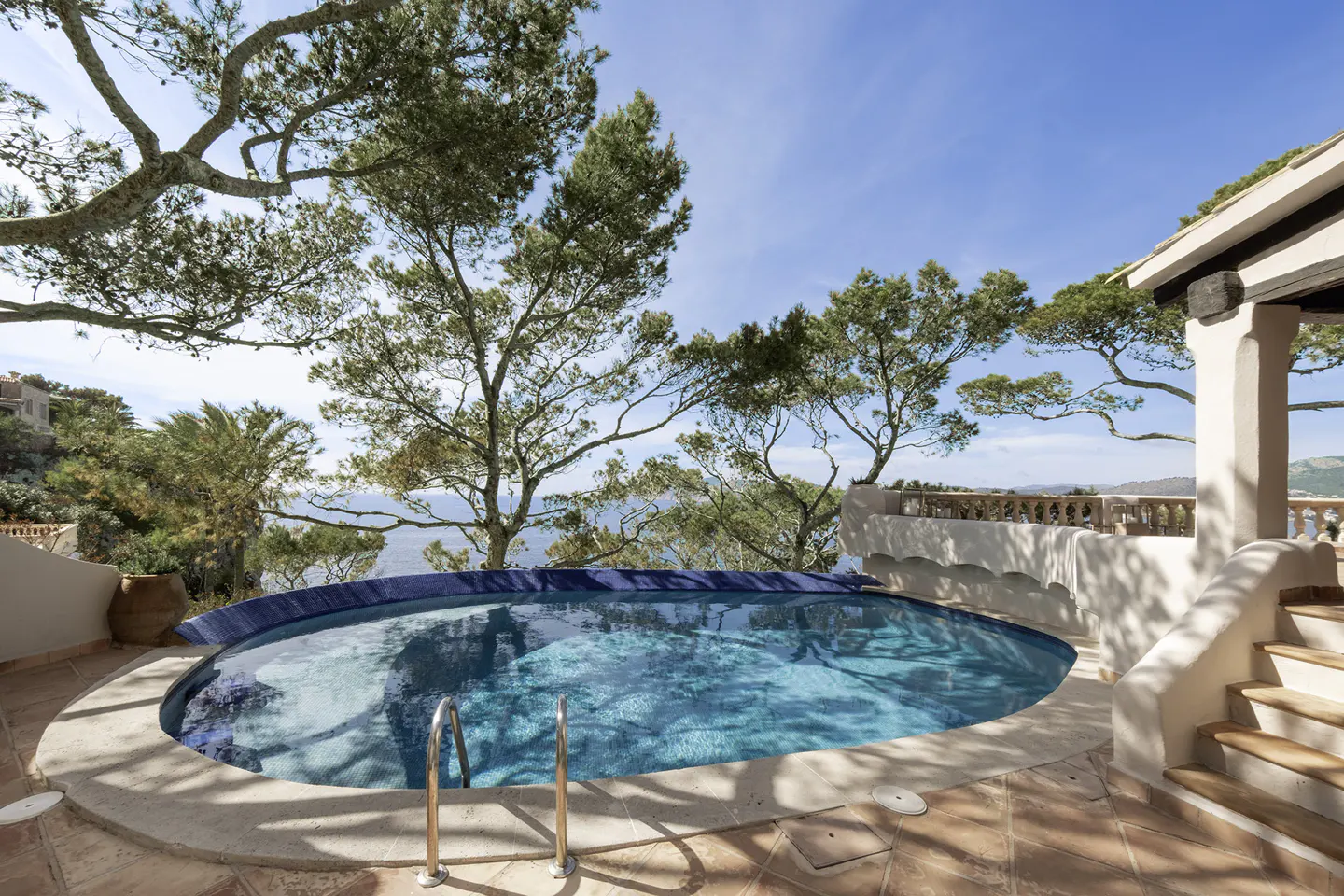 Outdoor pool with blue tiles and metal ladder, surrounded by trees and a view of the ocean under a blue sky.