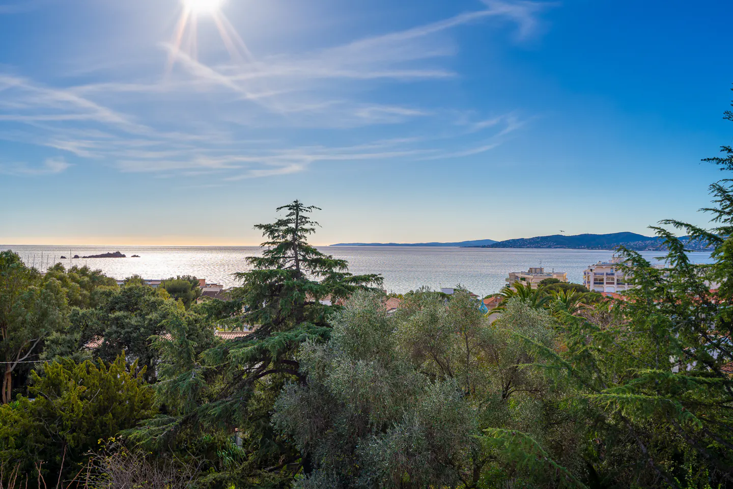 Scenic view of the Mediterranean Sea under a bright sun, framed by lush green trees and glimpses of coastal buildings.