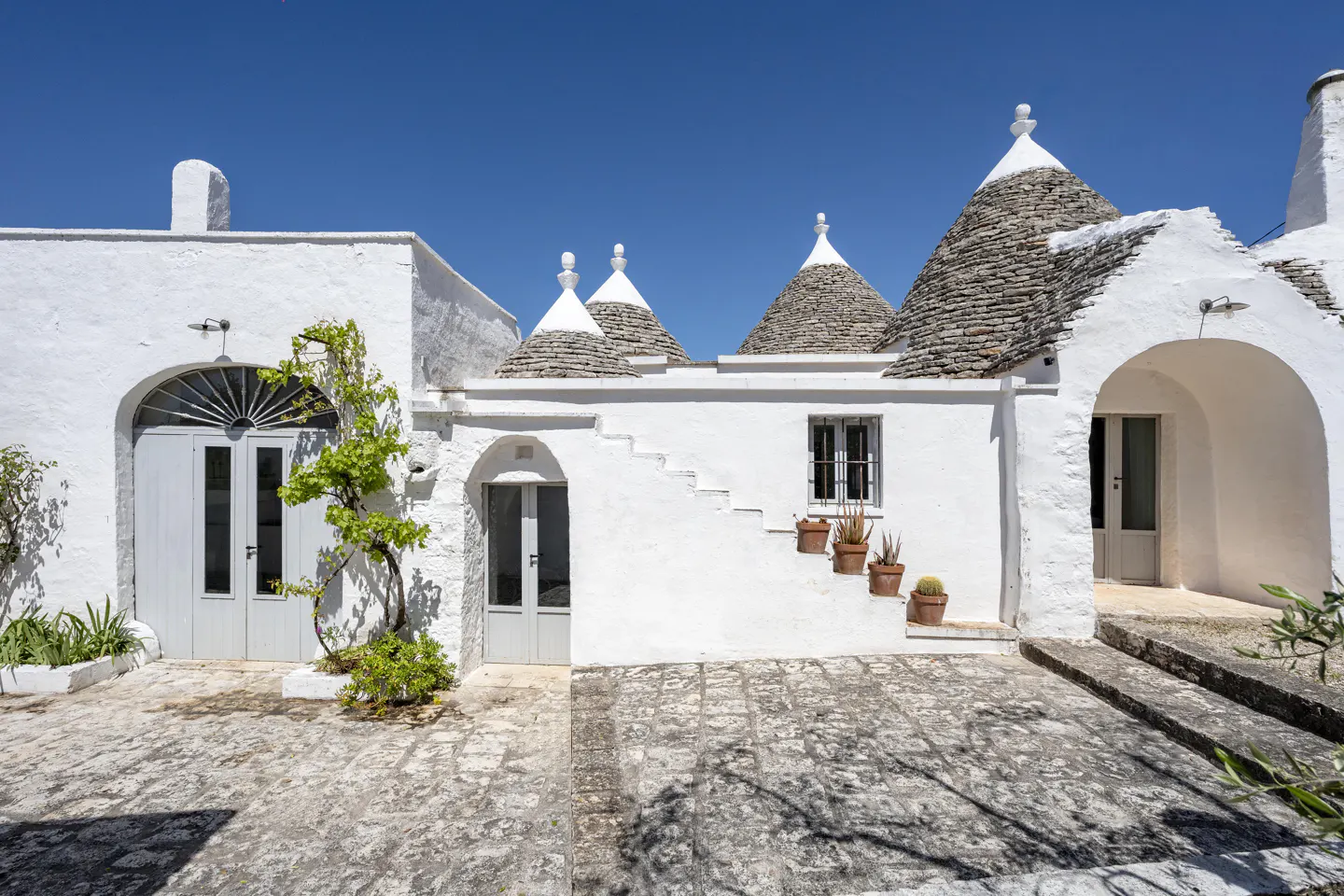 Exterior of a white Trullo house with conical roofs under a blue sky. Potted plants line the steps. Stone courtyard in front.