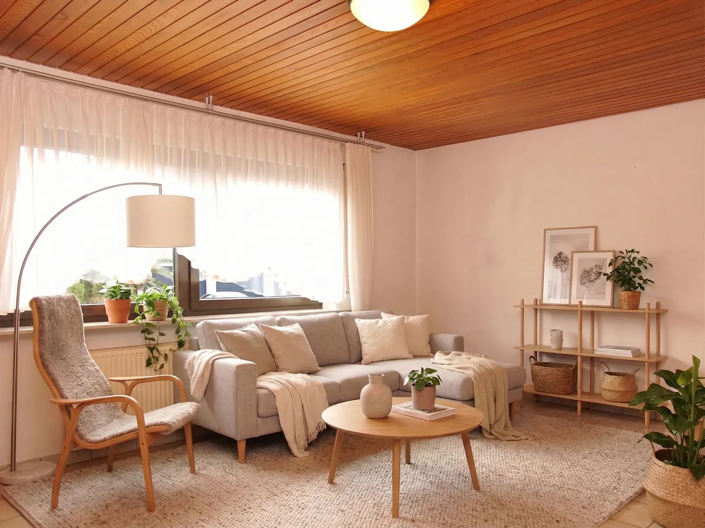 Living room with a gray sofa, wood chair, round table, and wood ceiling. A large window provides natural light.