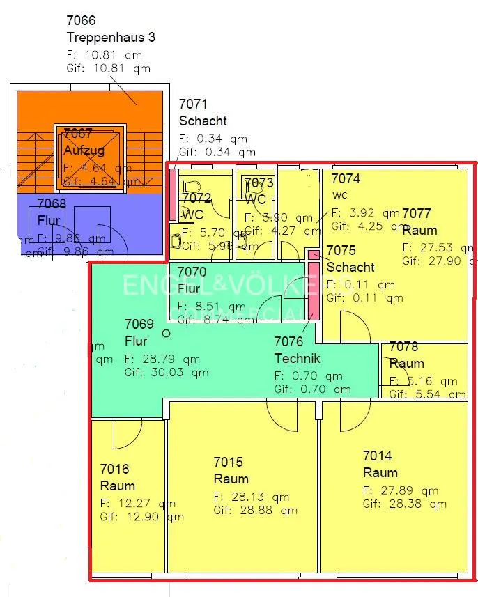 Floor plan with room names, square footage, and a red border. Rooms are colored yellow, blue, orange, and green. Text is black.