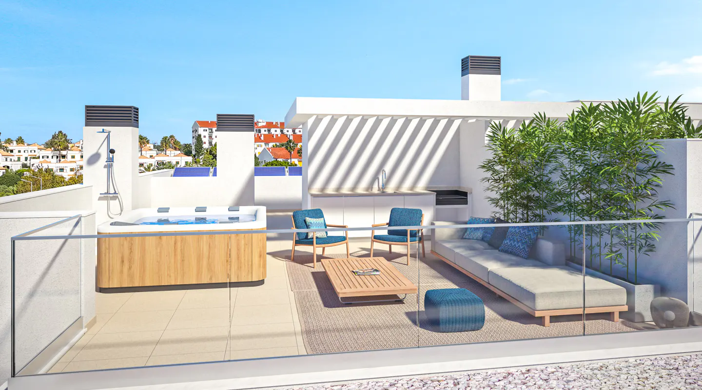 Rooftop patio with a hot tub, outdoor shower, grill, and seating area. The patio has a glass railing and overlooks a neighborhood.