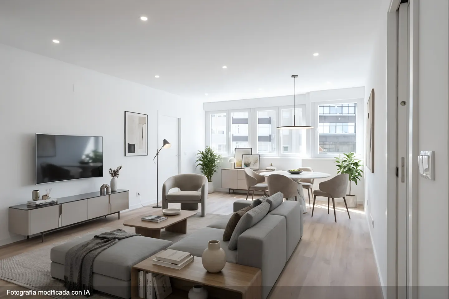 Bright, modern living room with gray sectional sofa, round dining table, and large windows. Hardwood floors and white walls create a spacious feel.