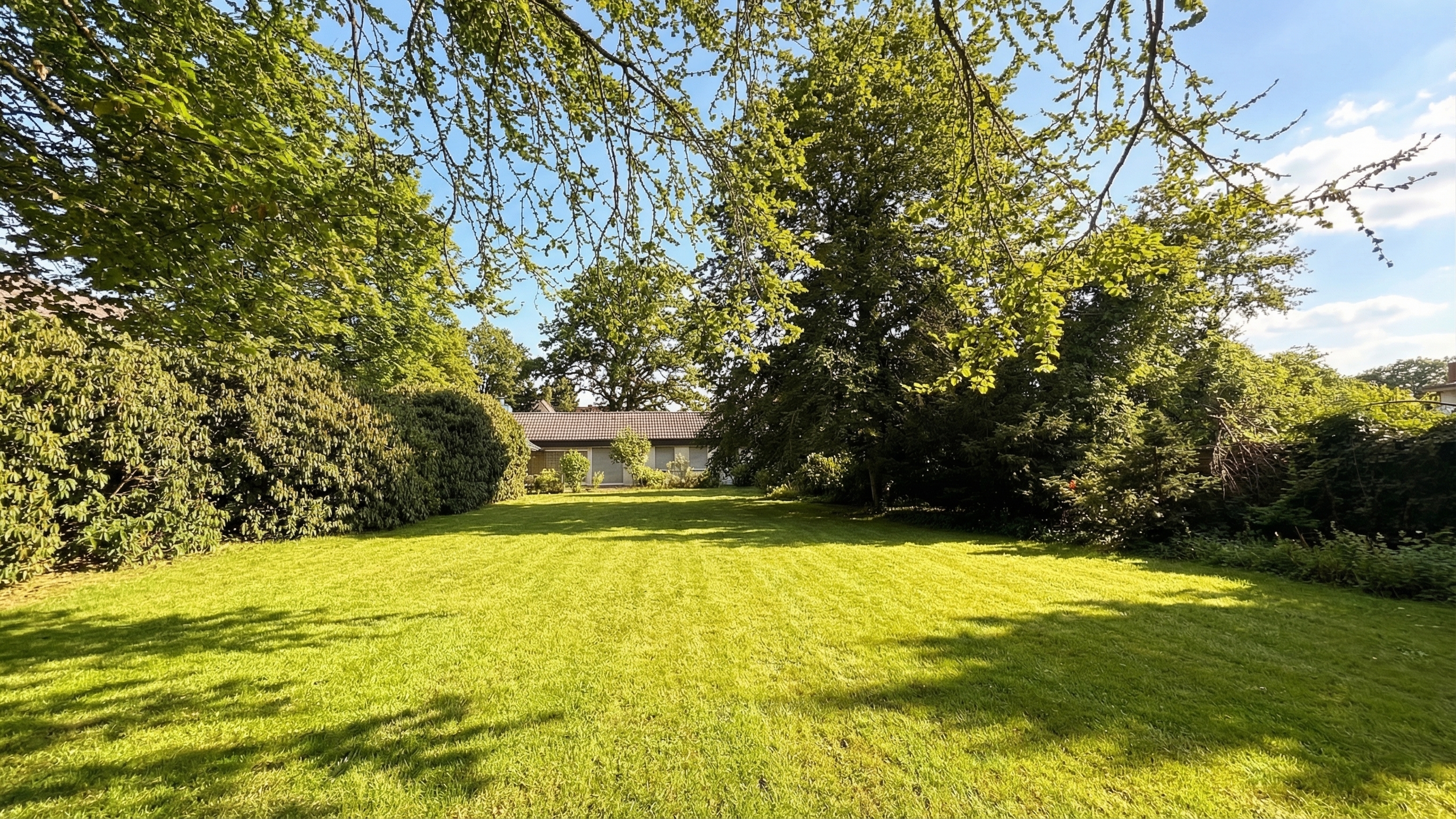 A wide shot of a green lawn surrounded by trees, with a house in the background.