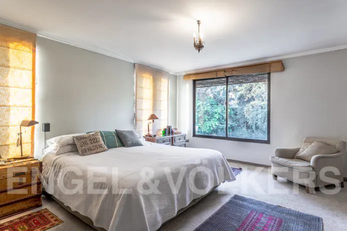 Bright bedroom with a white bed, gray walls, and a large window overlooking trees. A beige armchair sits near a blue rug.