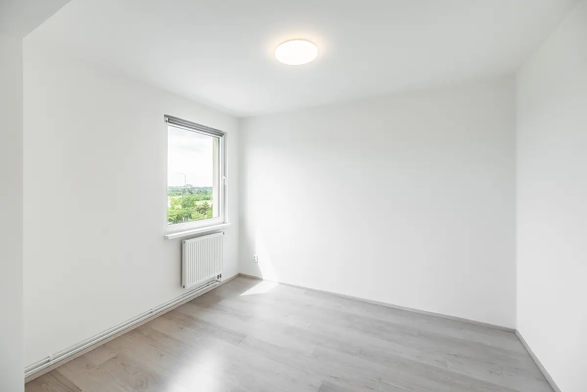 Empty room with white walls, light wood-look flooring, a single window, a radiator, and a circular ceiling light.