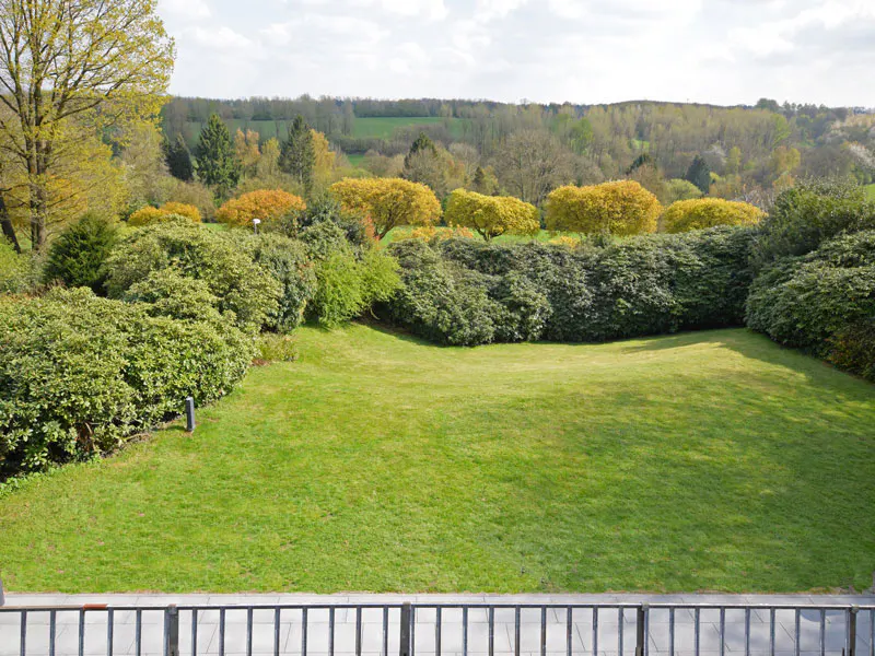 View of a green lawn with trees and bushes, seen from a balcony with a gray metal railing.