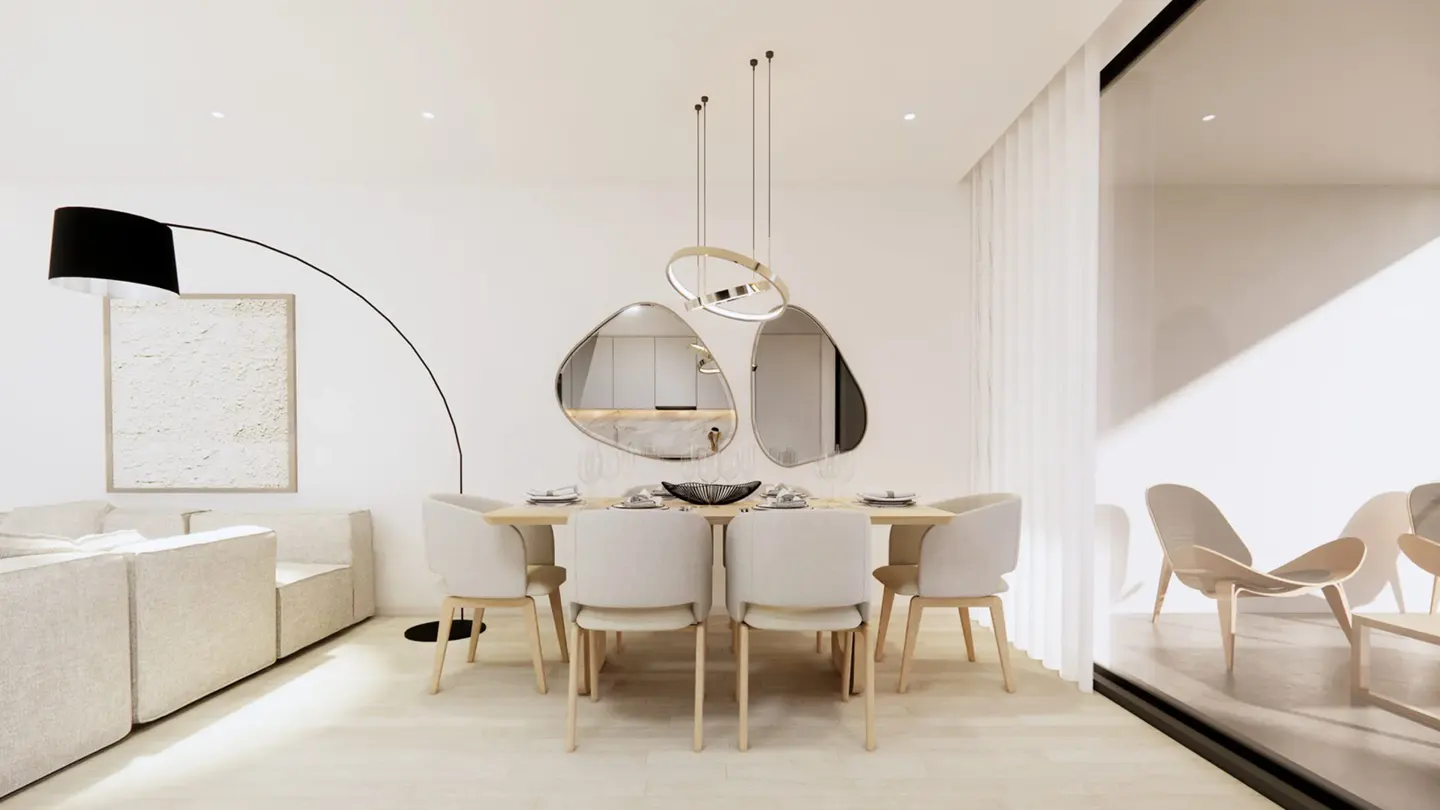 Bright, modern dining room with a light wood table, six chairs, and abstract mirrors. A black arc lamp and white sofa are visible.