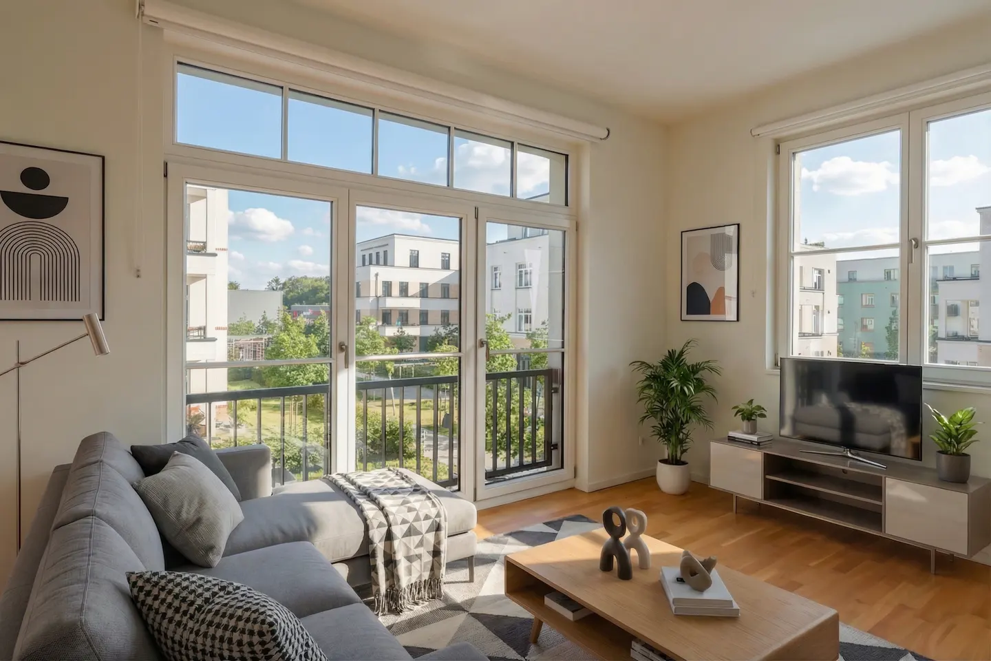 Bright living room with a gray sectional sofa, wood floors, and large windows overlooking a balcony and buildings.