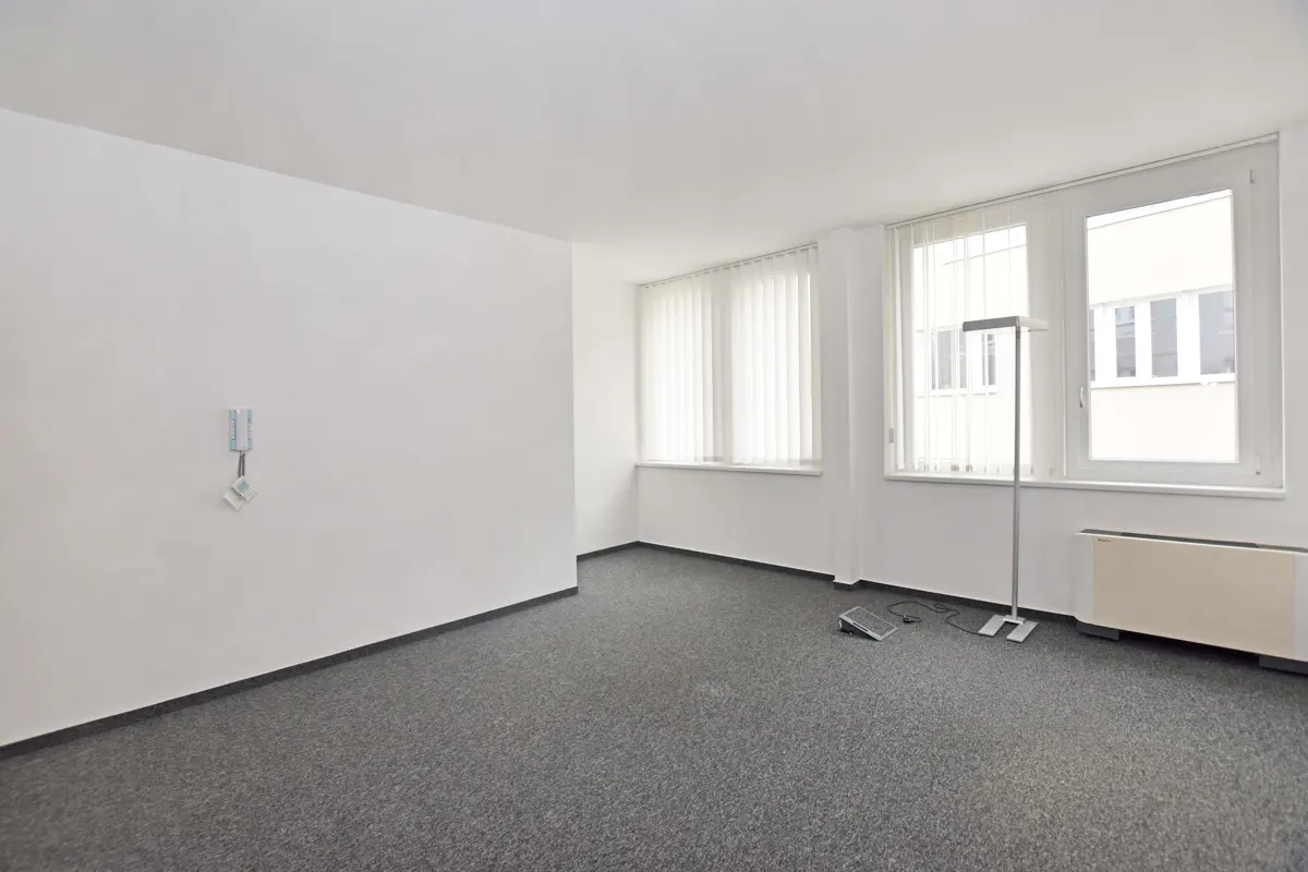 Empty office space with gray carpet, white walls, and three windows with white blinds. A silver floor lamp stands near a radiator.