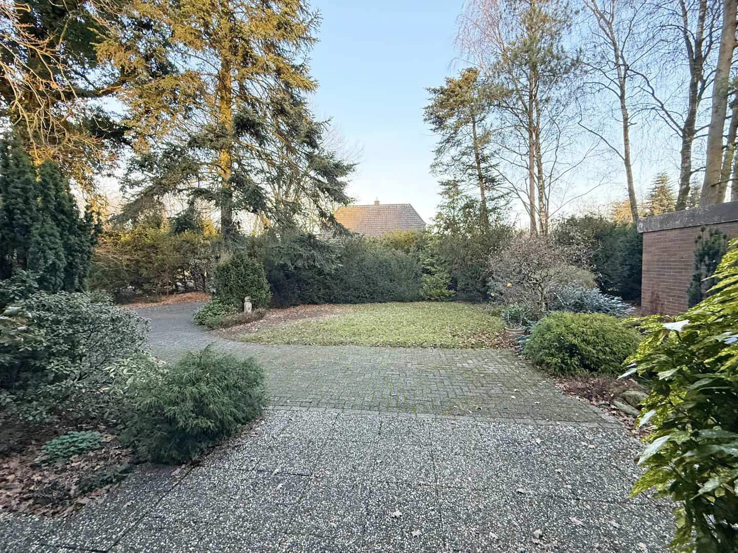 A gray brick driveway leads to a green lawn surrounded by trees and bushes. A house is visible in the background.