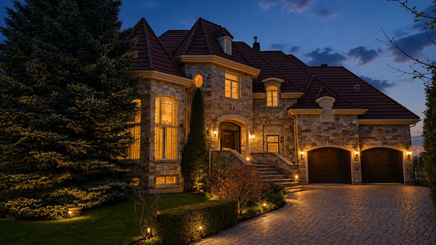 A large stone house with a red tile roof at dusk. Lights illuminate the driveway and landscaping.