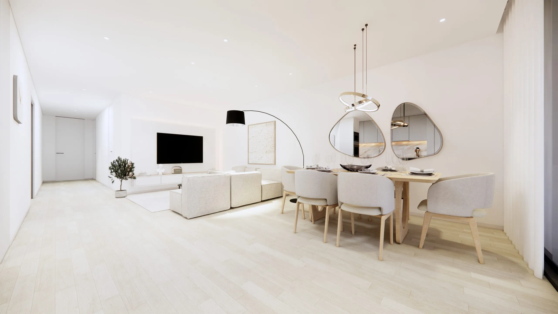 Bright, modern living and dining area with white walls, light wood floors, and neutral furniture. A black floor lamp curves over a dining table.