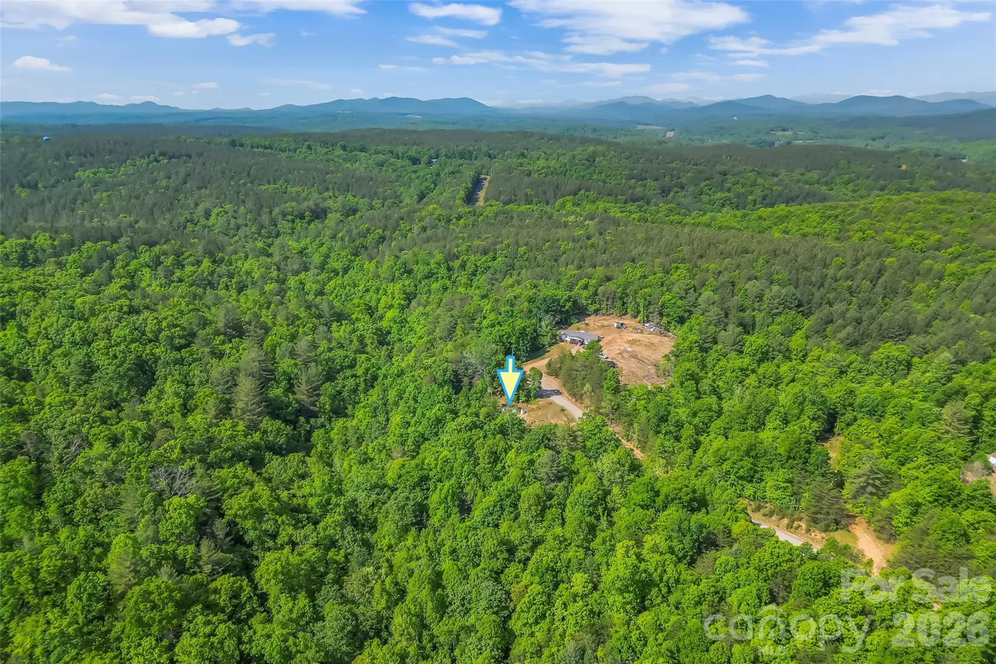 Aerial view of a wooded property with mountains in the distance under a blue sky. A blue arrow points to a house.