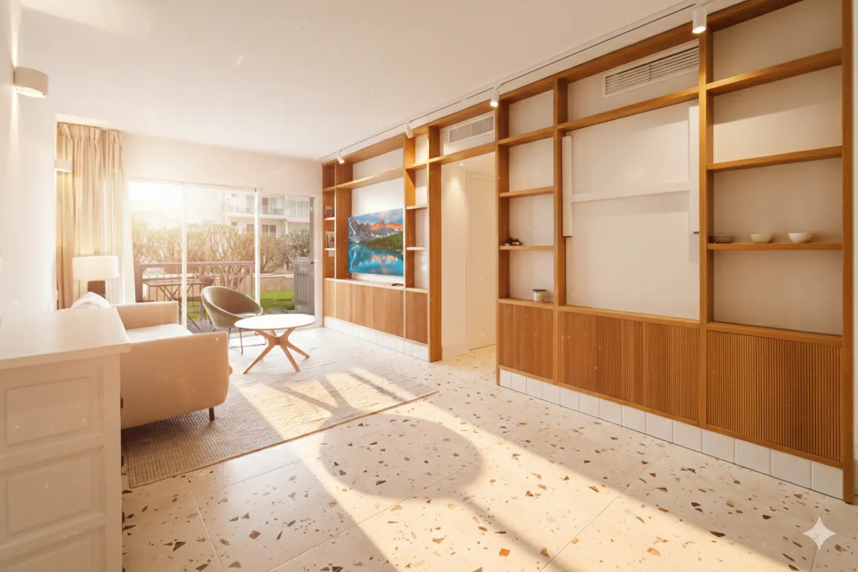 Bright living room with a beige sofa, round table, and a large window overlooking a balcony. A wooden shelving unit lines the wall with a TV. The floor is tiled with a speckled pattern.
