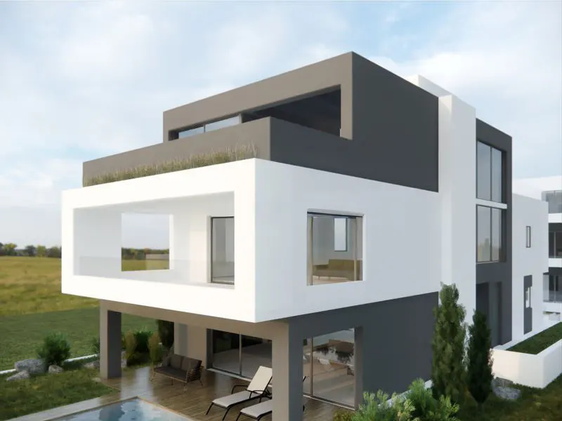 Modern two-story house with a gray and white exterior, a pool, and outdoor furniture.