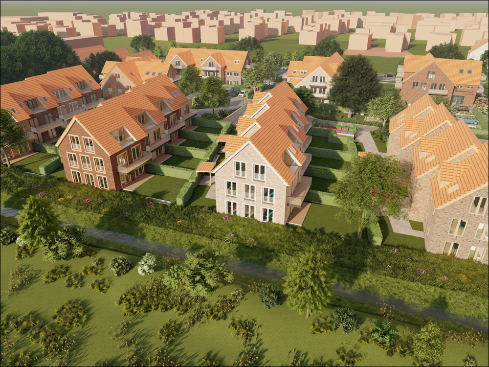 Aerial view of a modern residential complex with brick townhouses, orange tiled roofs, green lawns, and surrounding trees.