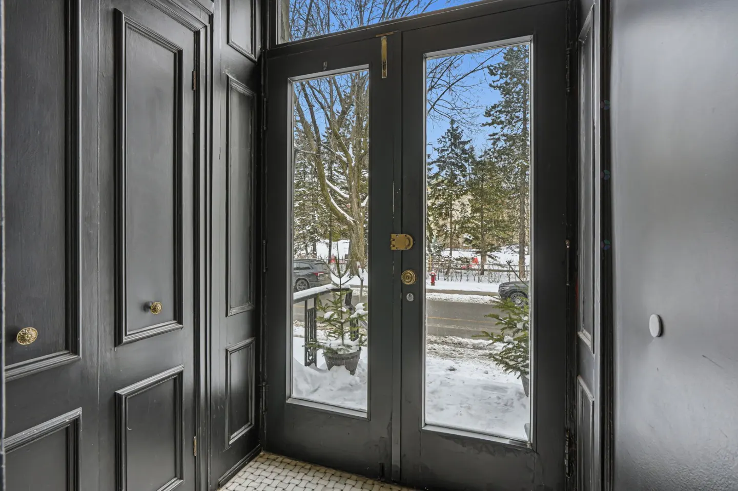 View from inside through black double glass doors looking out onto a snowy street with trees and parked cars.