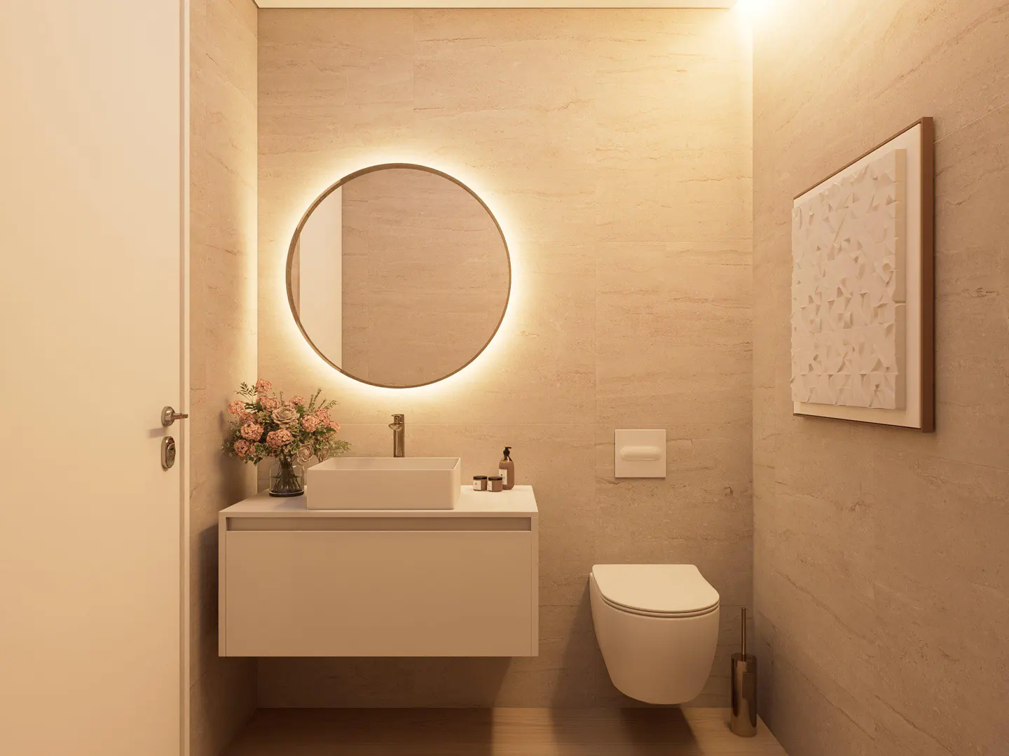 Modern bathroom with beige walls, a white floating vanity with a square sink, and a round LED mirror. A toilet and framed art are visible.