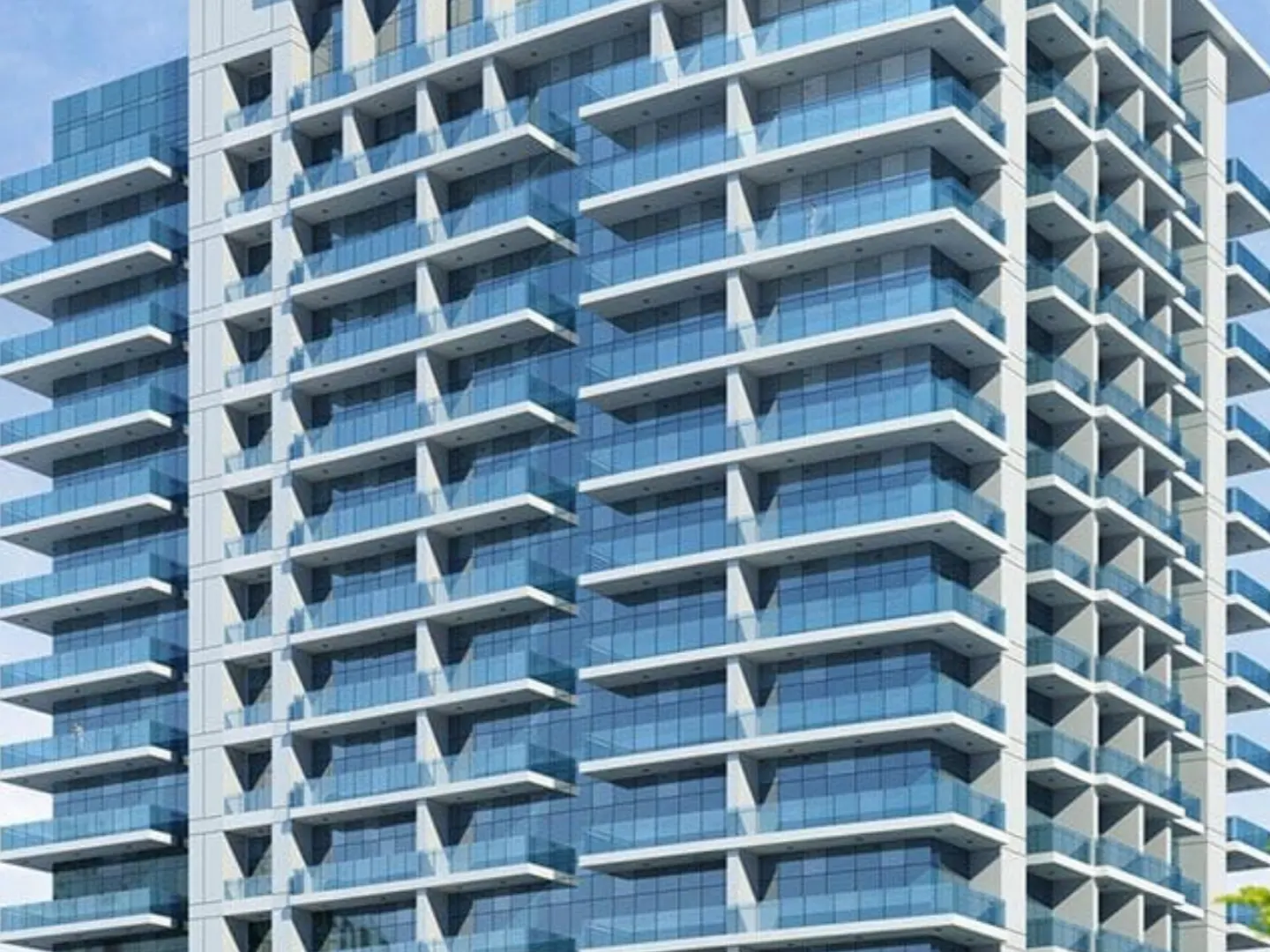 Close-up of a modern high-rise building with blue glass windows and white balconies.