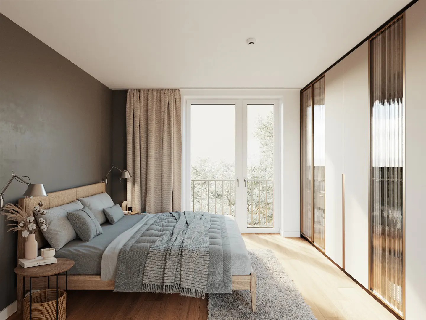 Bedroom with a gray wall, a bed with blue linens, and a window with a view of trees. A wardrobe stands against the wall.