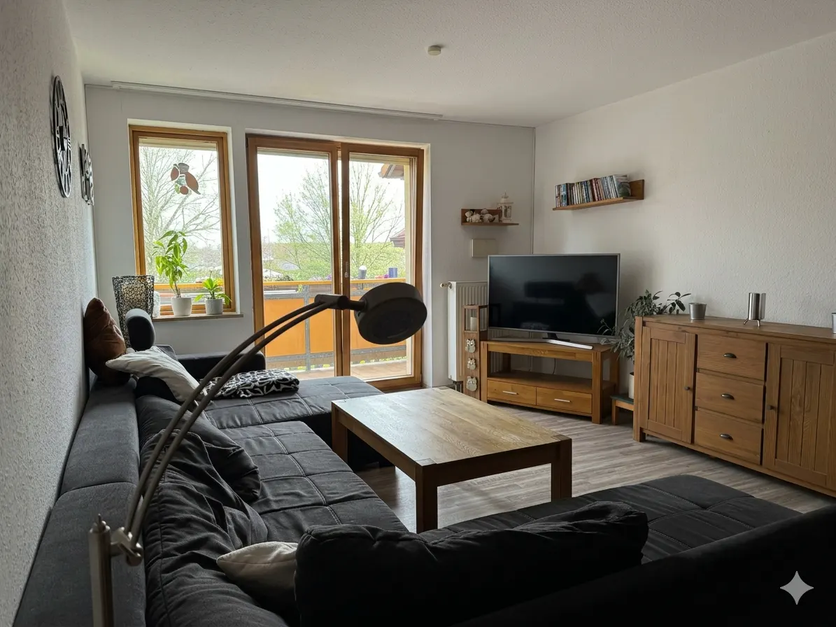 Living room with a gray sectional sofa, wood coffee table, TV, and balcony access. Natural light fills the space.