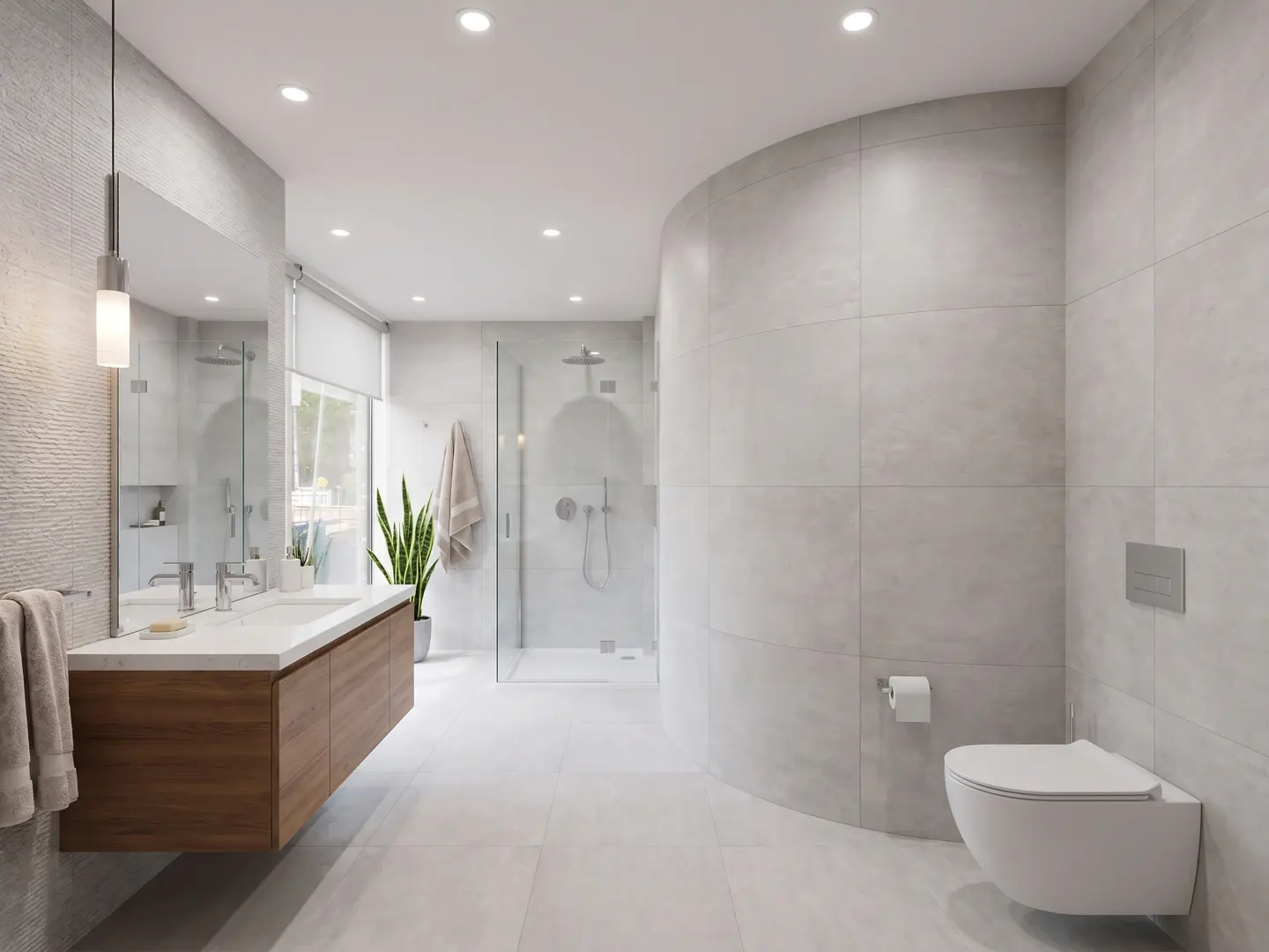 Bright, modern bathroom with a wood vanity, white countertop, and a glass-enclosed shower. A toilet is mounted on a curved, tiled wall.