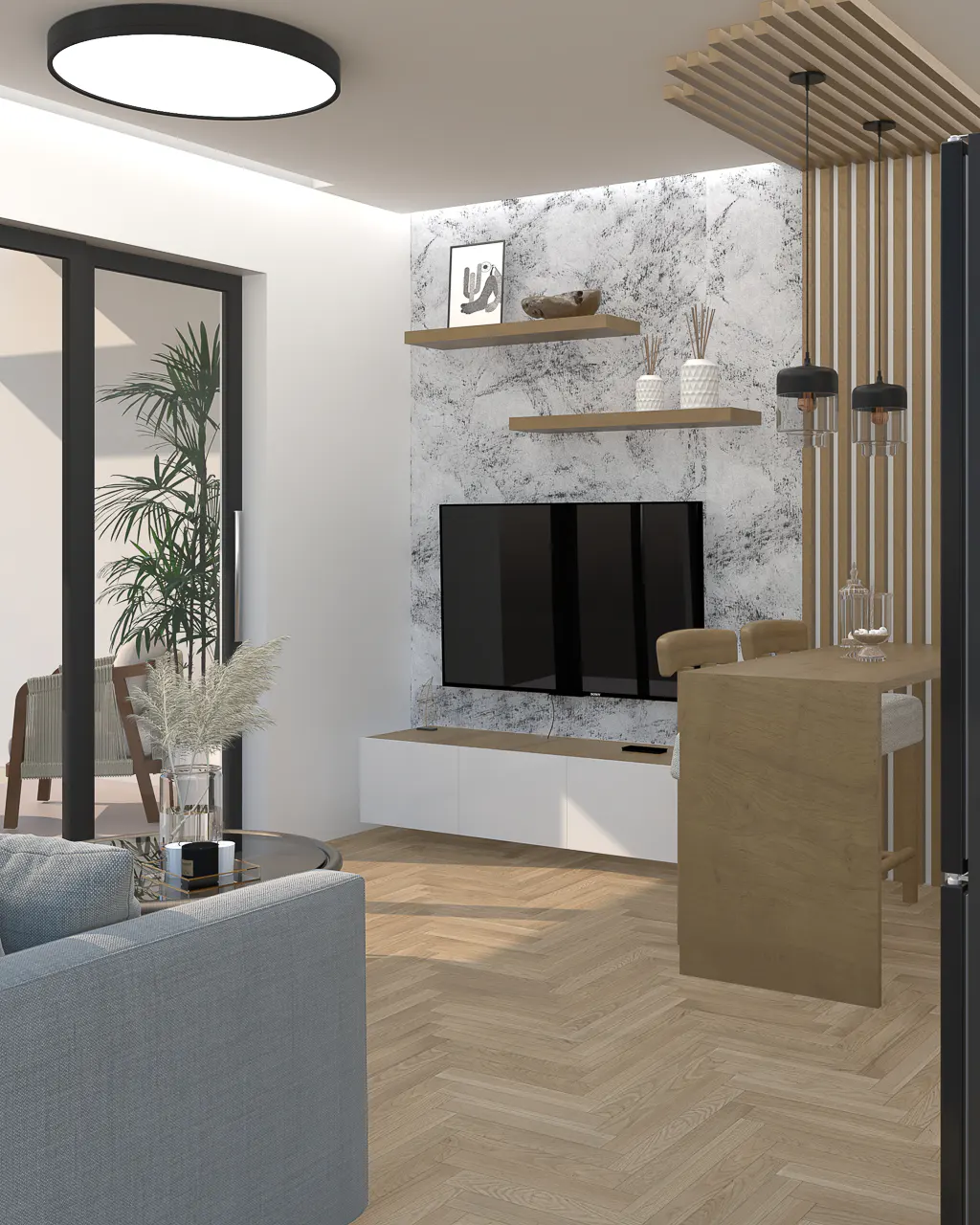 A modern living room with a gray sofa, TV, wood table, and herringbone floor. The wall has shelves and a marble-like texture.