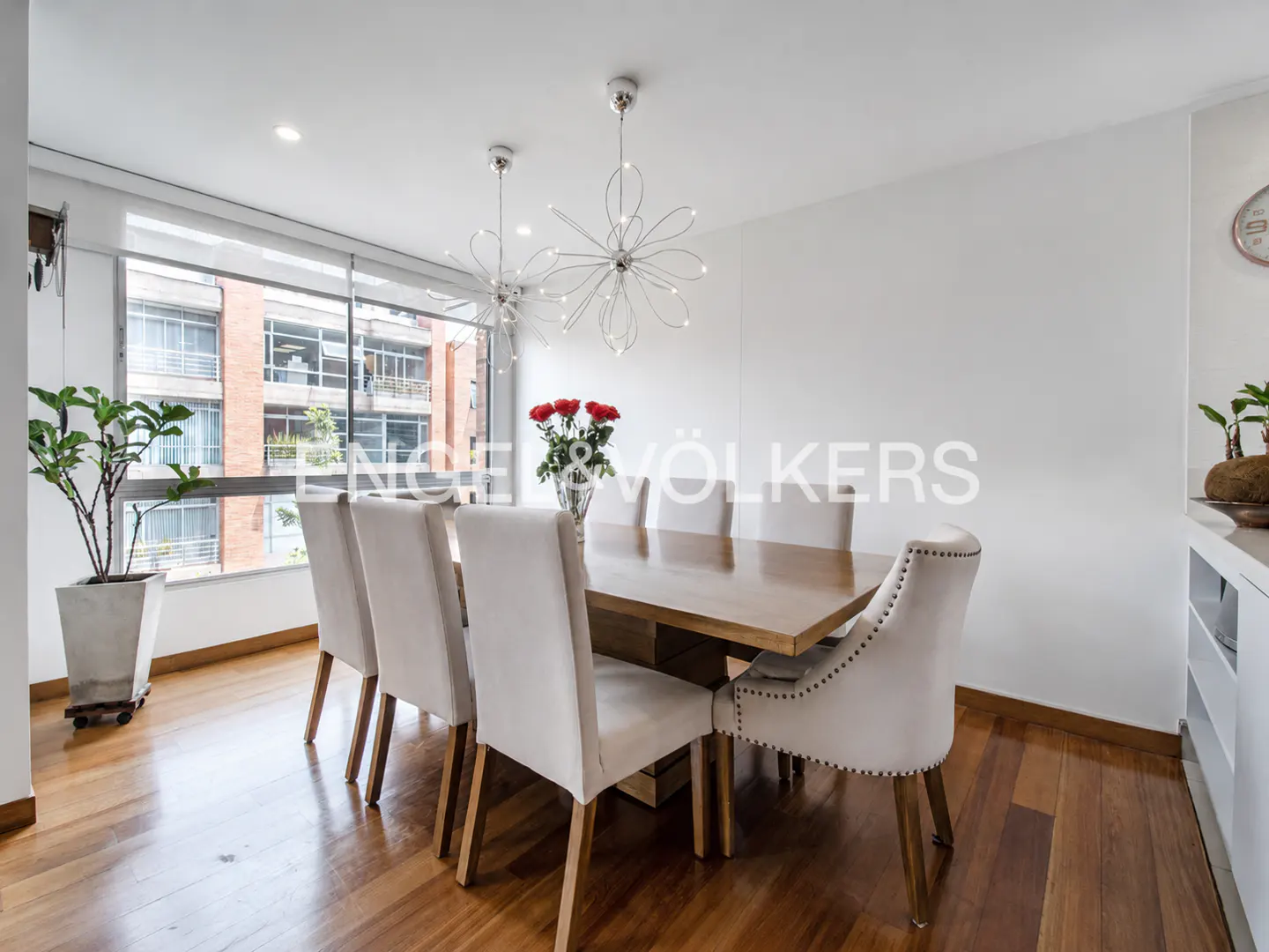 Bright dining room with wood floors, a long wood table, and white upholstered chairs. A vase of red roses sits in the center. Modern chandeliers hang above.