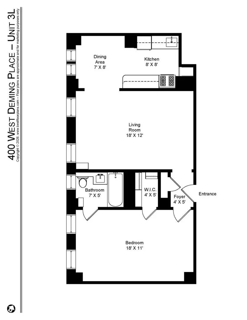 Floor plan of Unit 3L at 400 West Deming Place, showing a bedroom, bathroom, living room, kitchen, dining area, foyer, and walk-in closet.