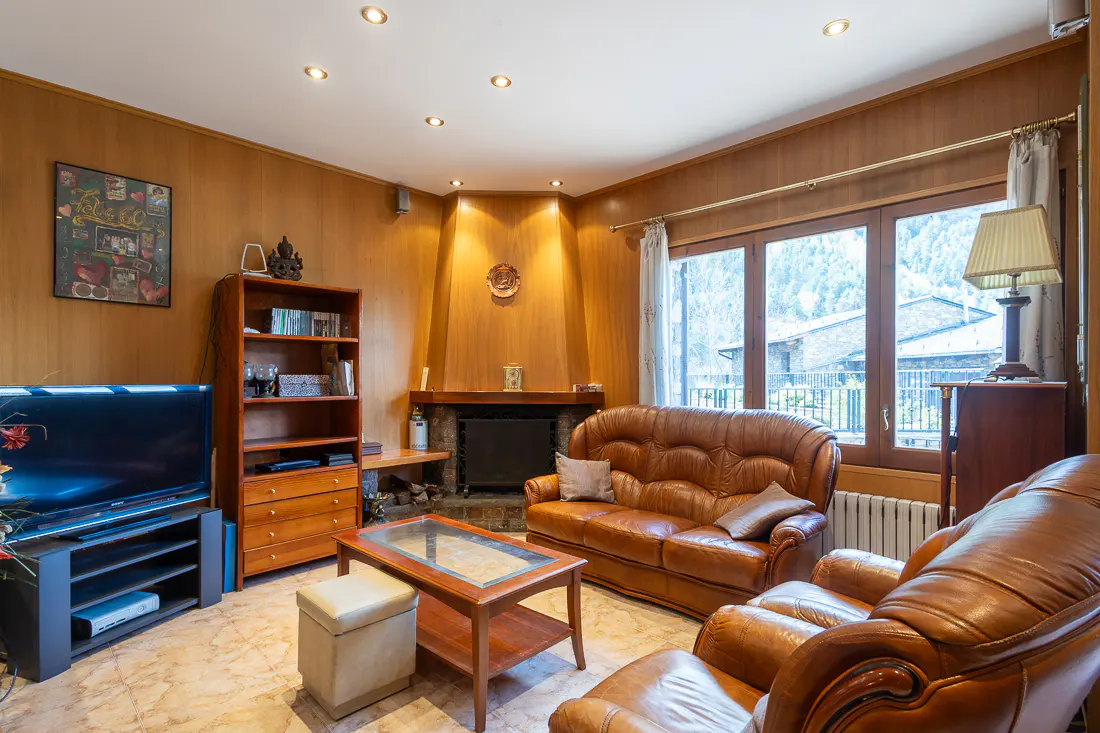 Living room with wood paneling, brown leather sofa and armchair, fireplace, TV, and a view of mountains through the window.