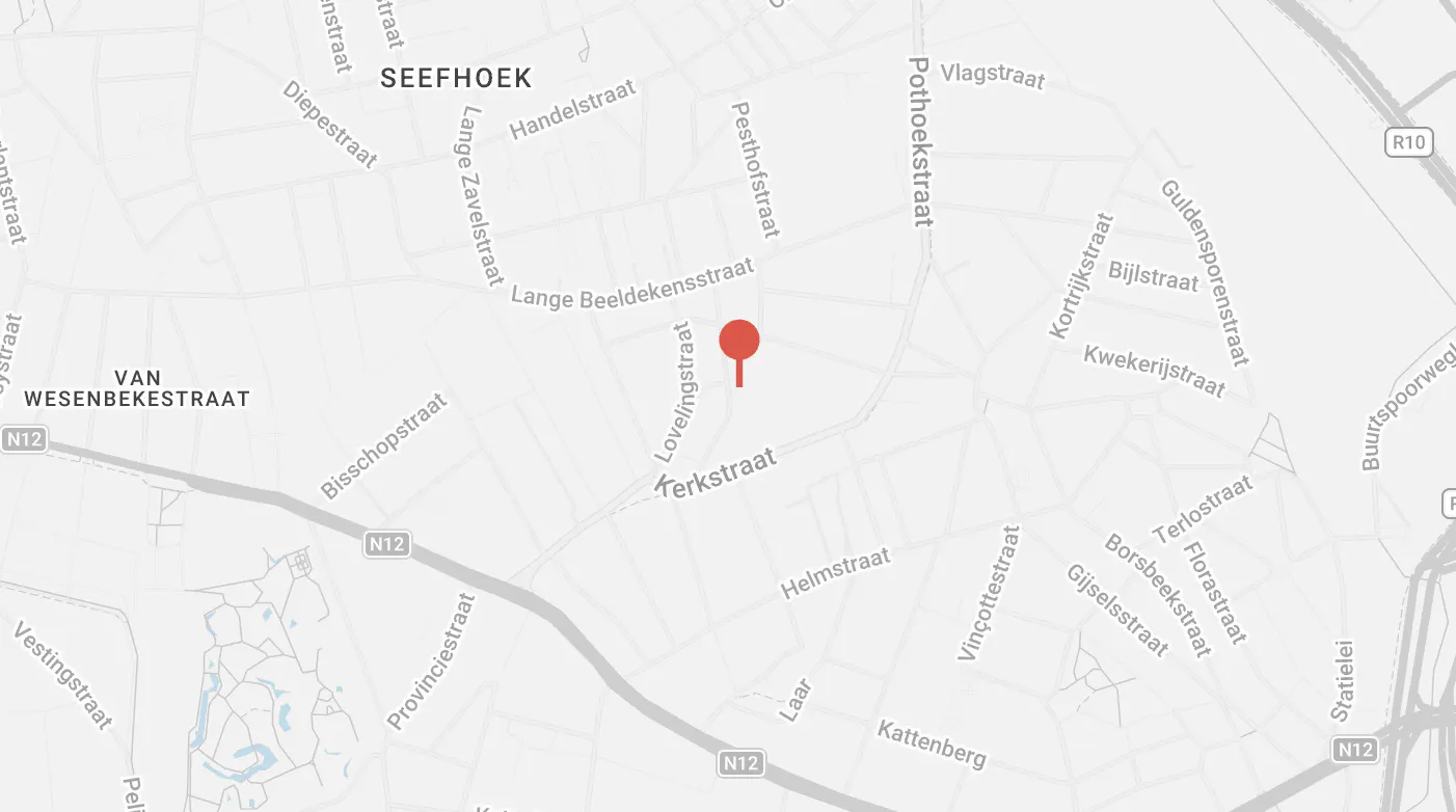Map view of Seefhoek neighborhood with a red pin marking a location near Lovelingstraat and Kerkstraat in Belgium.