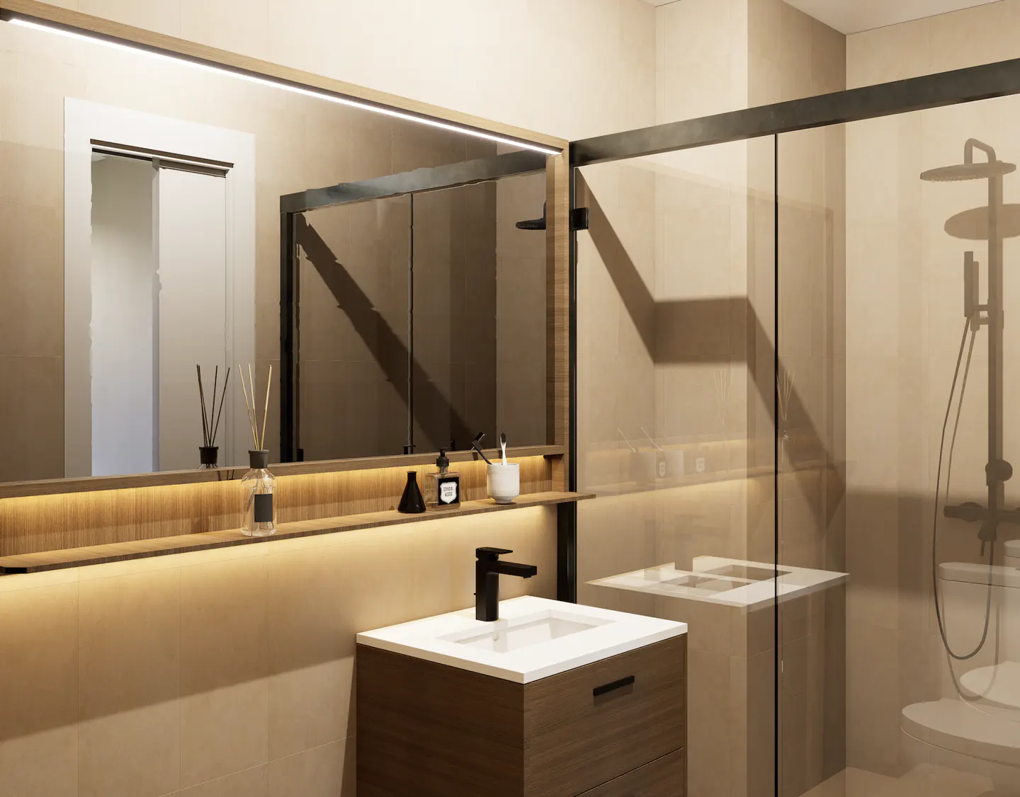 Modern bathroom with a wood vanity, white sink, black faucet, and a glass-enclosed shower with a rainfall showerhead.