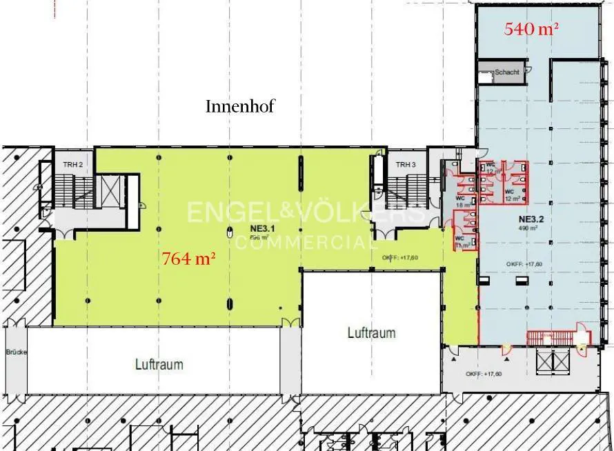 Floor plan showing office spaces in green and blue, with measurements in square meters. Staircases and restrooms are also indicated.